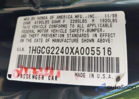 1999 Honda Accord Lx V6 z USA, uszkodzony, nr VIN 1HGCG2240XA005516